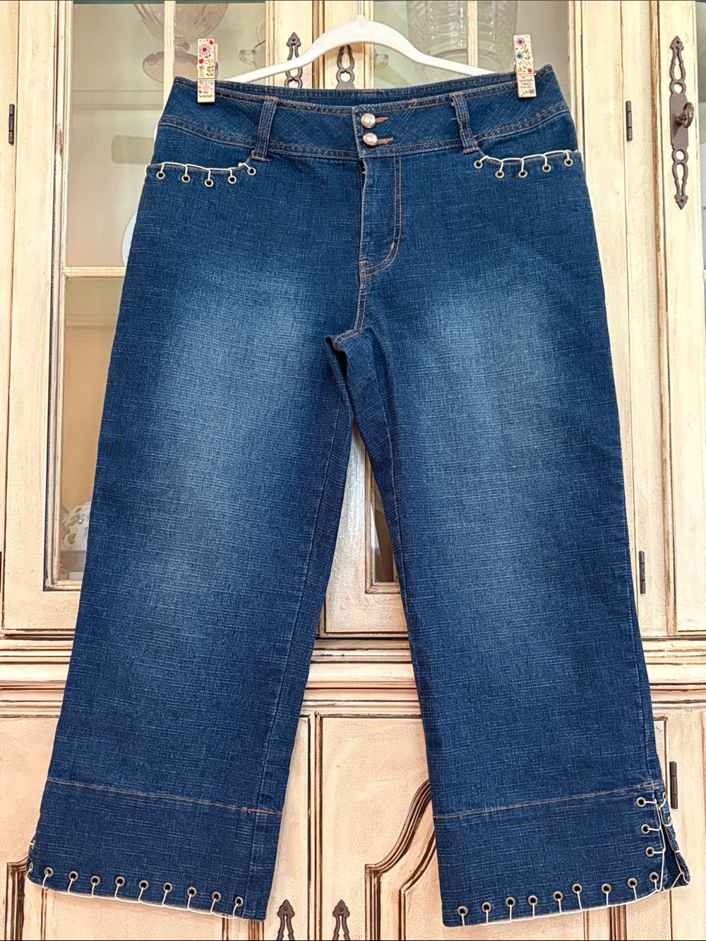 Y2K Dark Blue Wide-Leg Eyelet-Trim Jeans
